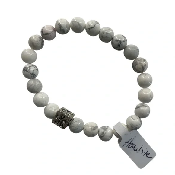 Howlite White,Grey, gemstone with silver bracelet, New - Picture 1 of 8